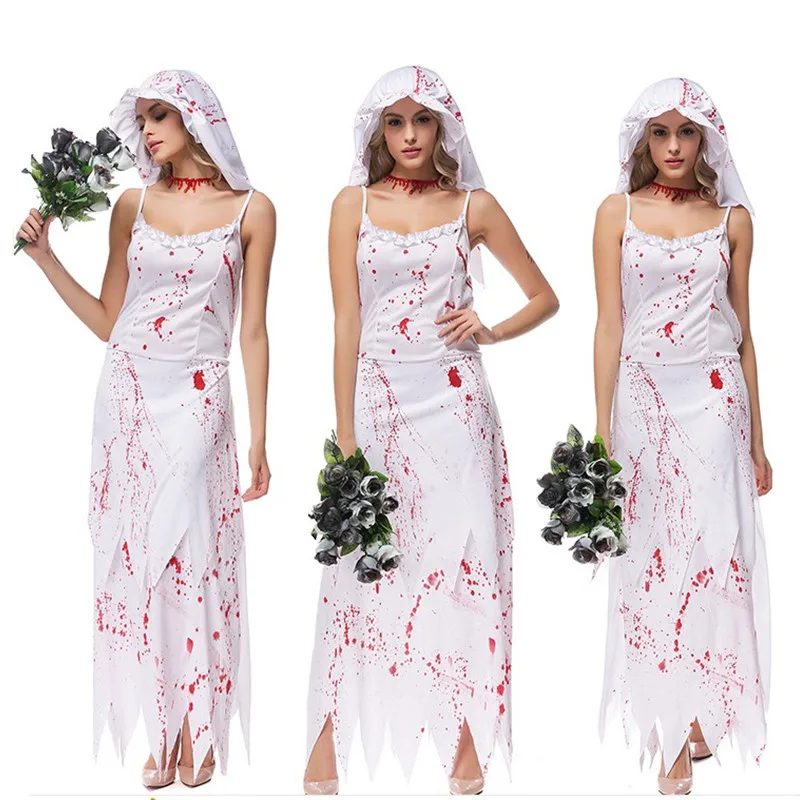 Spaventoso donne bianche sanguinose Halloween Corpse costumi da sposa femminile Zombie Walking Dead Cosplay carnevale Purim gioco di ruolo abito da festa