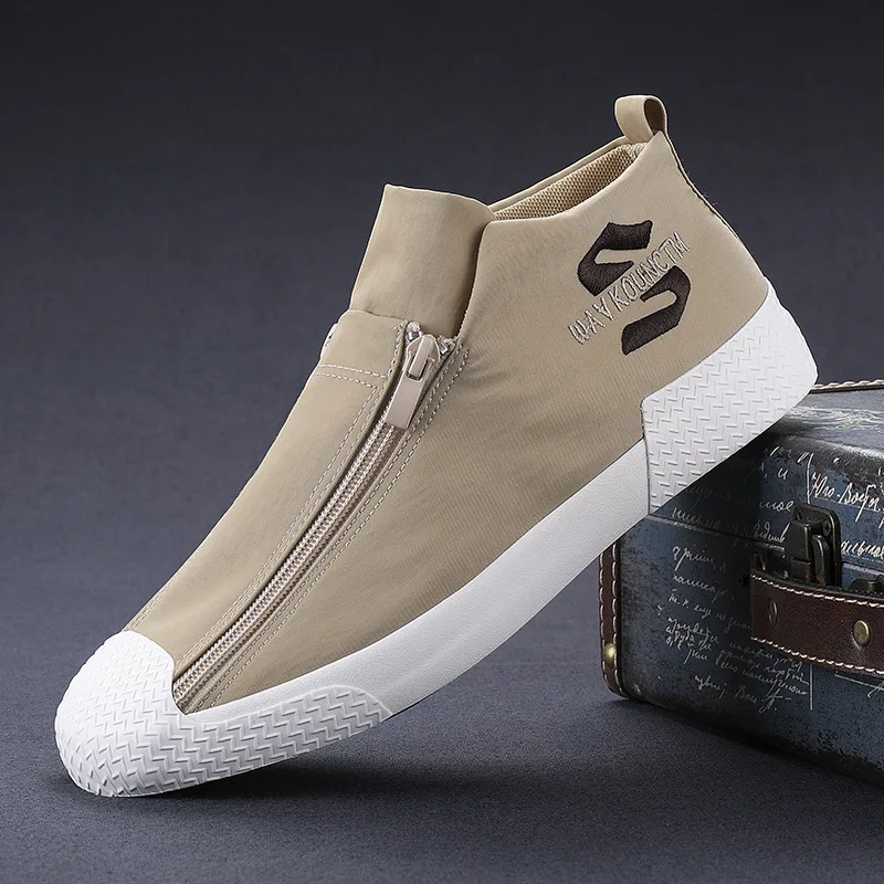 Men Canvas Hip-top Sneakers Fashion Double-row Zipper Design Casual Flats Shoes Casual Men Breathable Sneakers Zapatillas