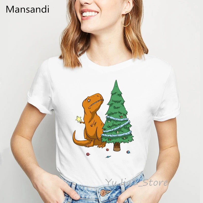 

New Arrival 2024 Dinosaurs And Christmas Trees Print T-Shirt Women Funny T Shirts Camiseta Mujer Harajuku Shirt Summer Tops