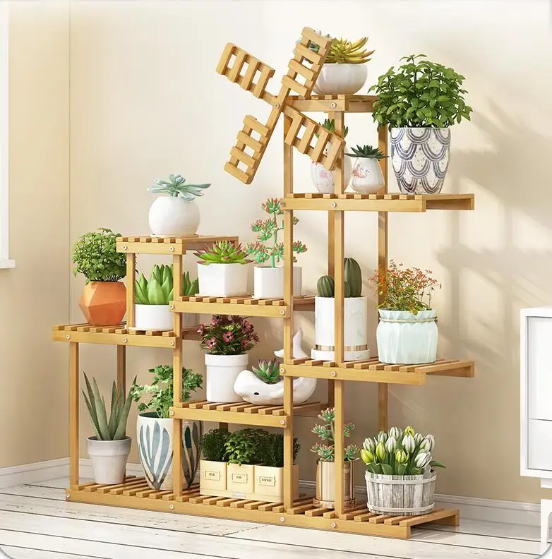 Living room solid wood flower shelf indoor multi-layer floor-to-ceiling balcony shelf fleshy green radish plant Nordic flower po