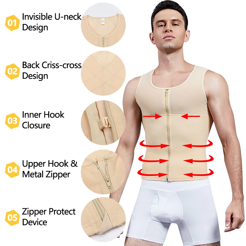 Mens Slimming Body Shaper Chest Compression Shirt Gynecomastia Moobs Undershirt Waist Trainer Belly Sweat Vest Workout Tank Tops