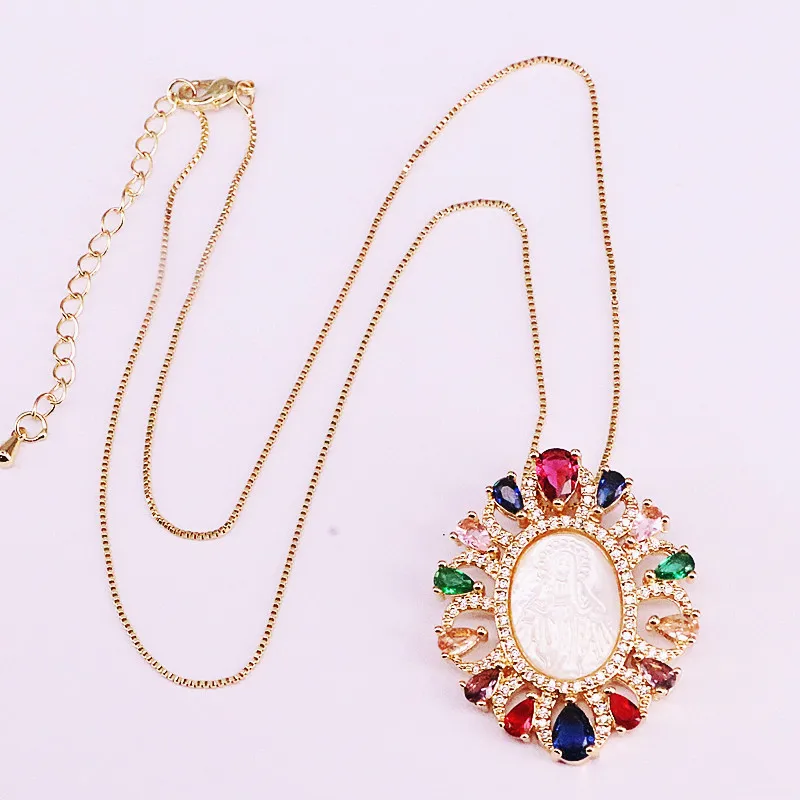 

3Pcs Fashion Rainbow Pendant Colorful Zirconia CZ Micro Pave Elegant Jesus / Virgin of Mary Shell Gold Filled Pendant Necklaces