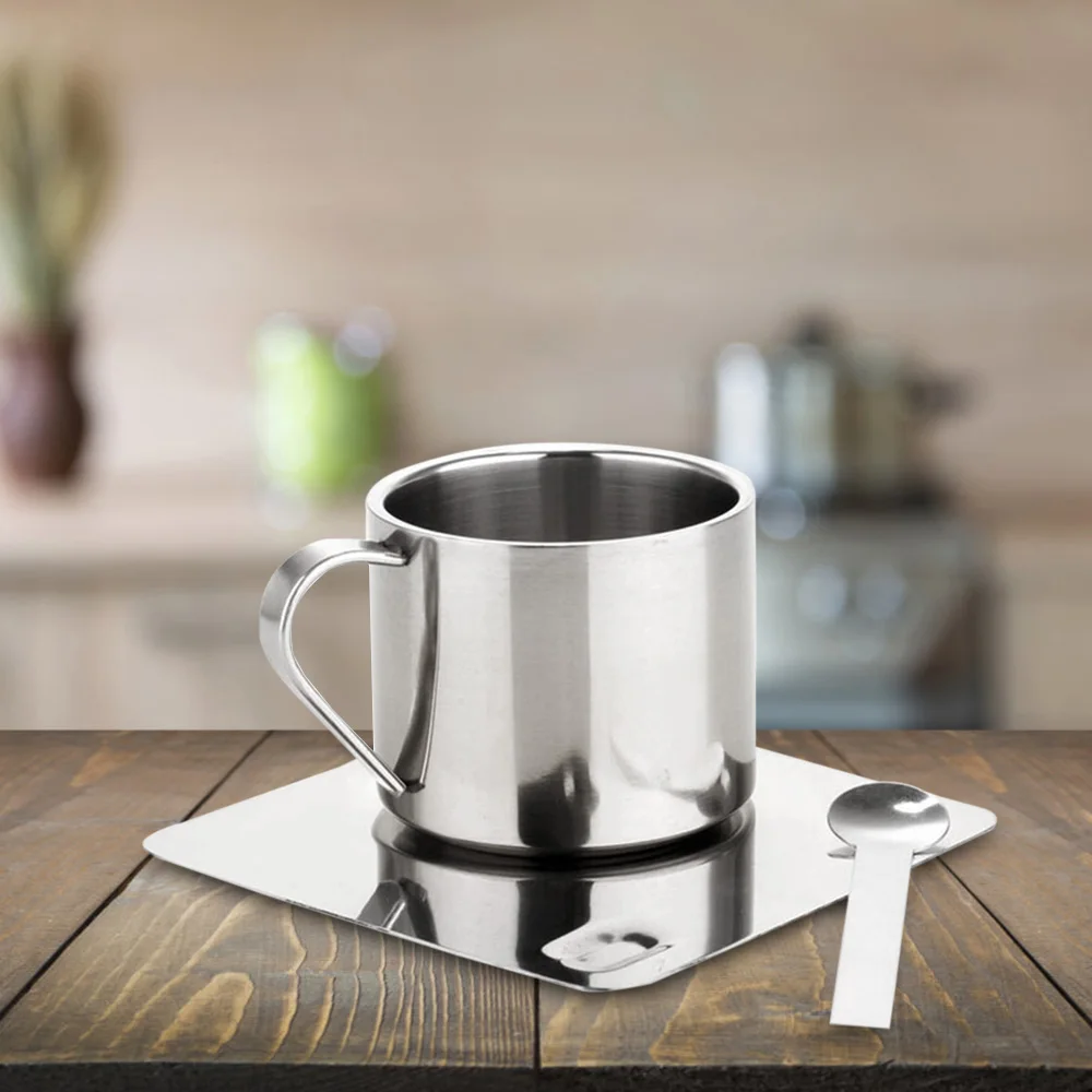 Household Stainless Steel Coffee Tea Cup With Saucer Spoon Double Wall Hot Cold Drinks Thermal Mugs Latte Cappuccino Milk Cup