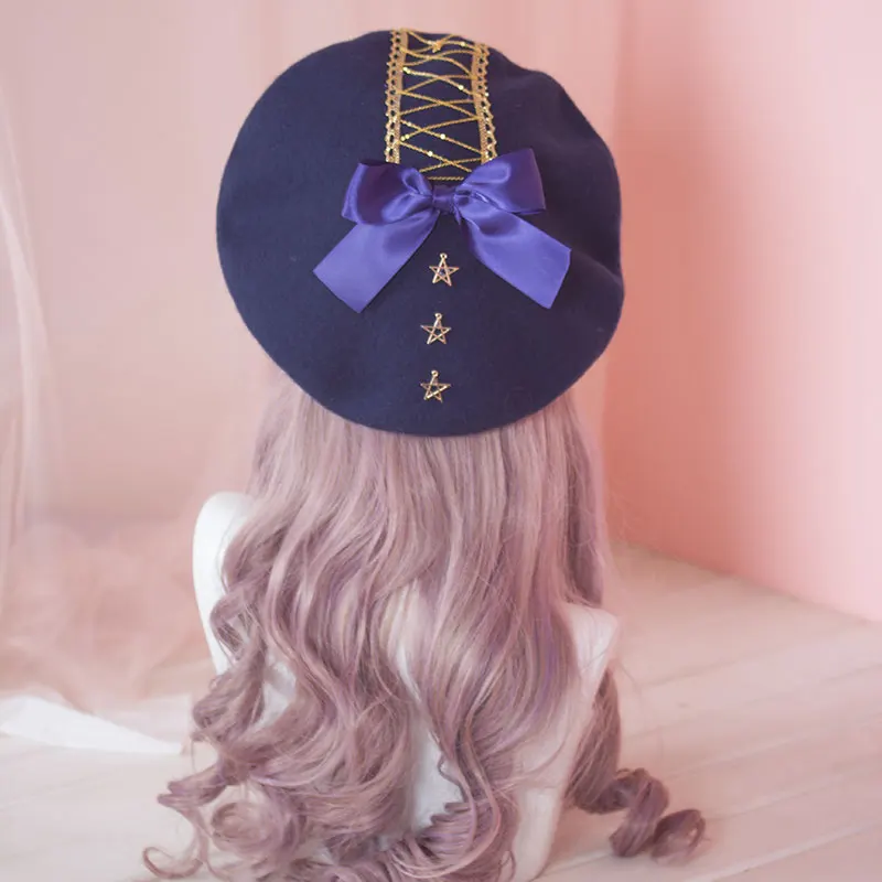 The dark blue sky up phnom penh stars beret LOLITA lace bowknot, buds cap shu d Finn hat woman