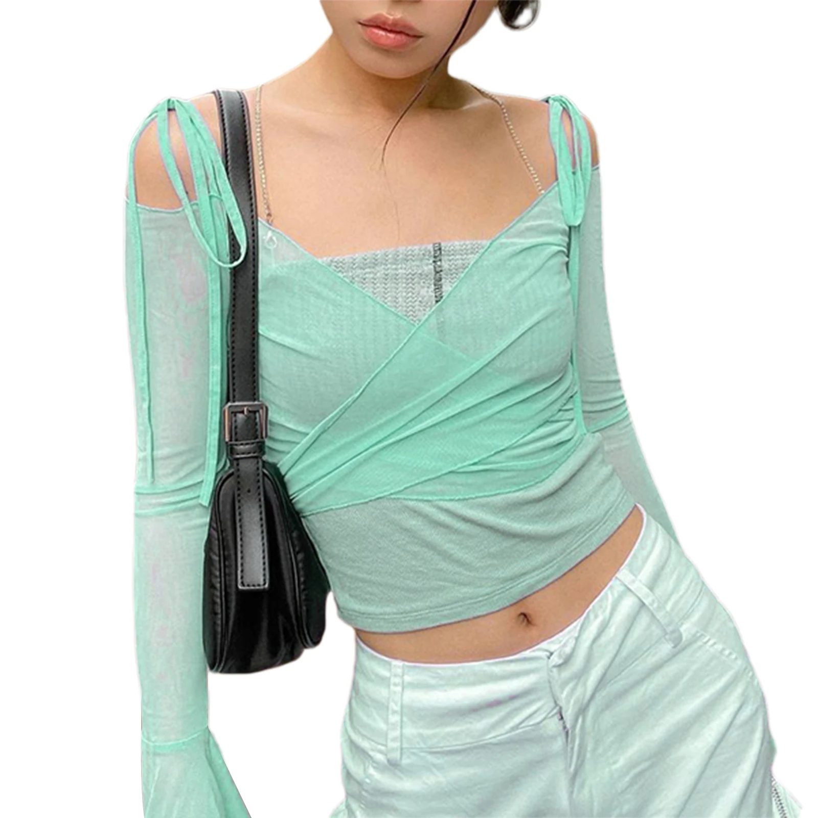 Y2K Women’s Casual Trumpet Sleeve T-shirt Fashion Solid Color Mesh Yarn Exposed Navel Tops Spring Autumn Tee Shirt