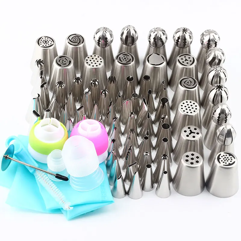 

84Pcs Stainless Steel Russian Nozzles Icing Piping Pastry Tips 1Pcs Silicone Bag 4Pcs Coupler 1Pcs Brush Cream cake Decorating