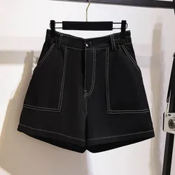 Pantalones cortos vaqueros de talla grande para mujer, 150Kg, cintura elástica suelta, pierna ancha, cadera negra, 152, 5XL, 6XL, 7XL, 8XL, 9XL