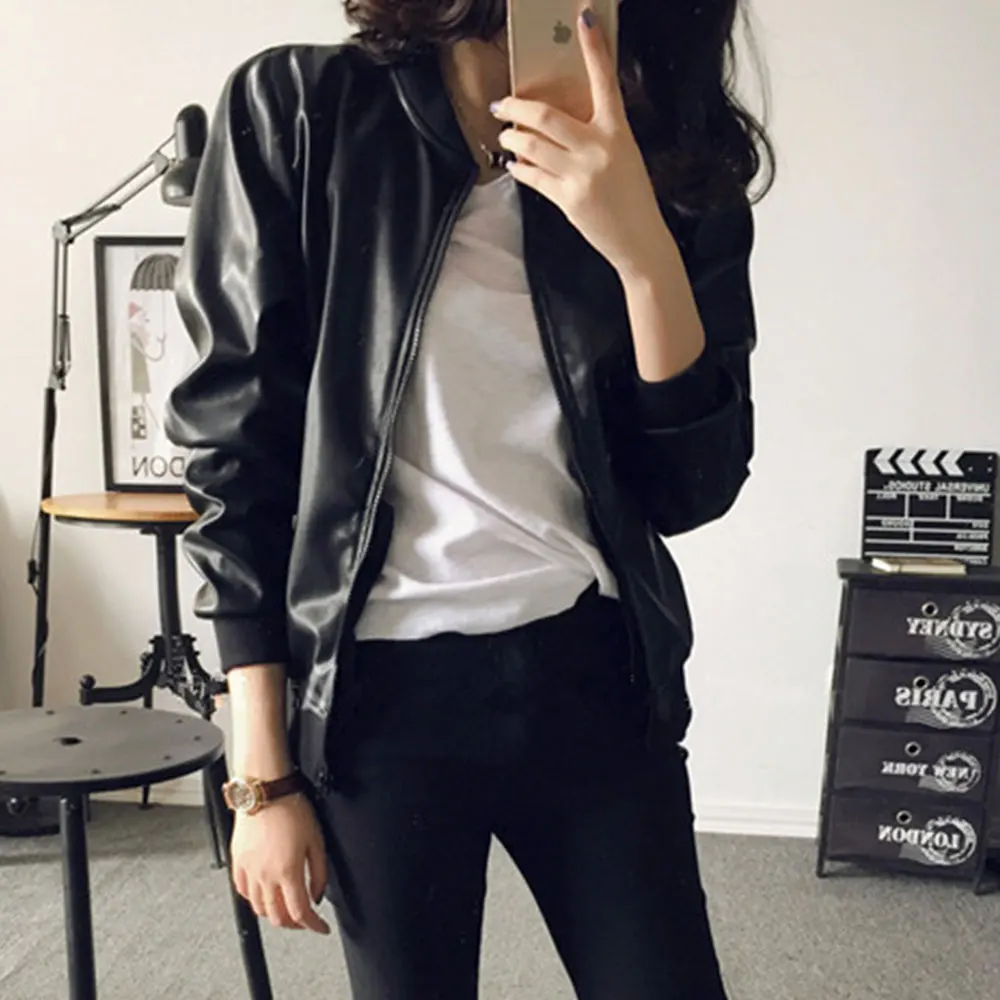 Jocoo Jolee Women Loose PU Faux Leather Jacket Korean Zipper Bomber Coat Autumn Black Moto Biker Jacket Oversized Outwear