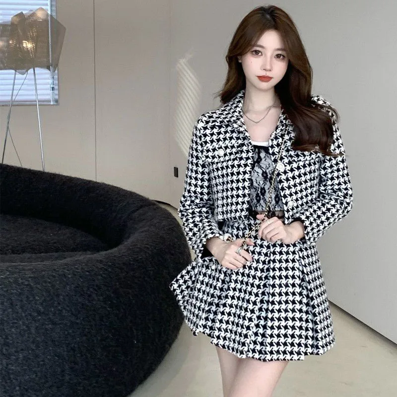 Small Fragrance Style Elegant Tweed 2 Piece Set Women Vintage Houndstooth Cropped Jacket + Pleated Mini Skirt Suits Sexy Outfits