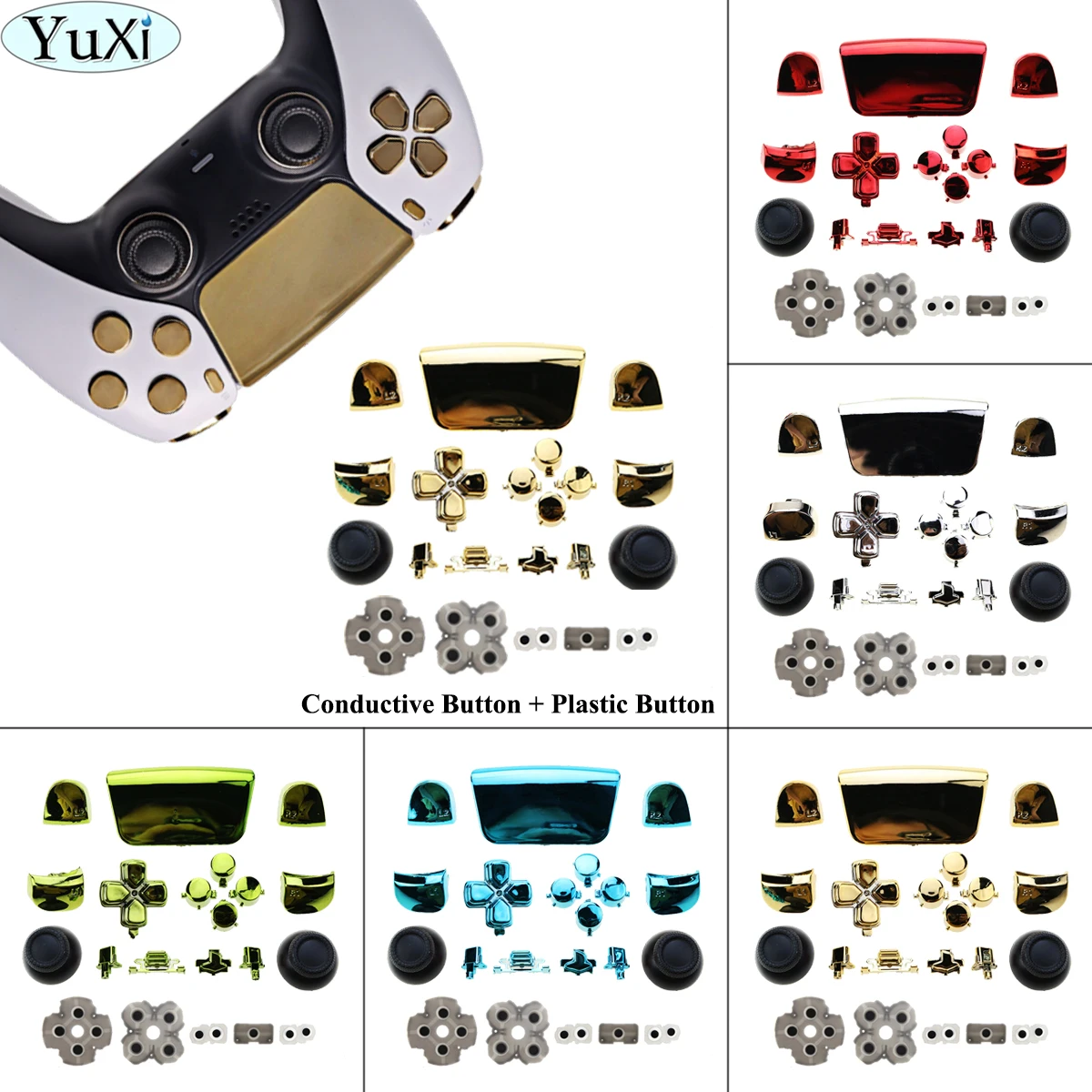 

YuXi 5Colors Chrome L1 R1 L2 R2 Trigger Buttons Thumbstick Cap for Playstation5 PS5 Controller Replacement Accessories