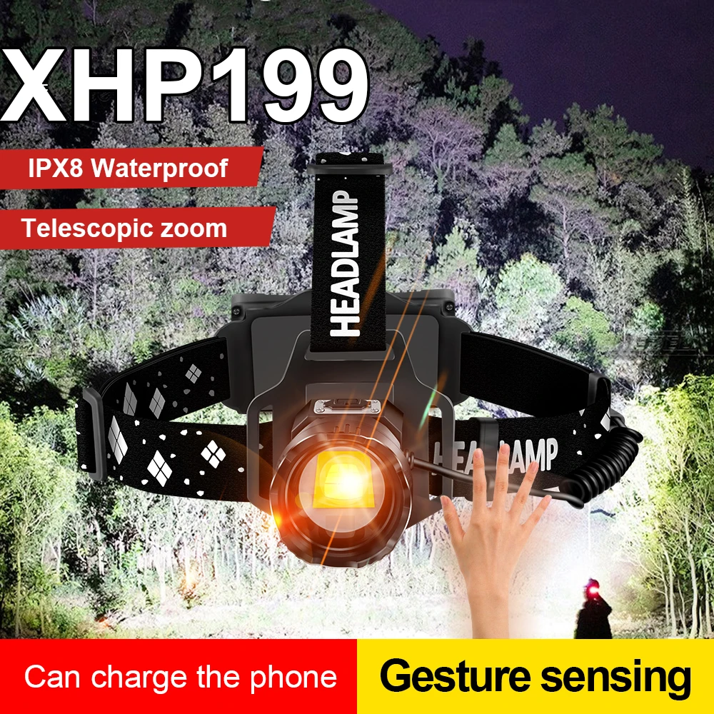 High Power XHP199 Ultra Powerful Headlamp USB Rechargeable Led Headlight Zoom Head Light 18650 Fishing Led Head Flashlight Torch