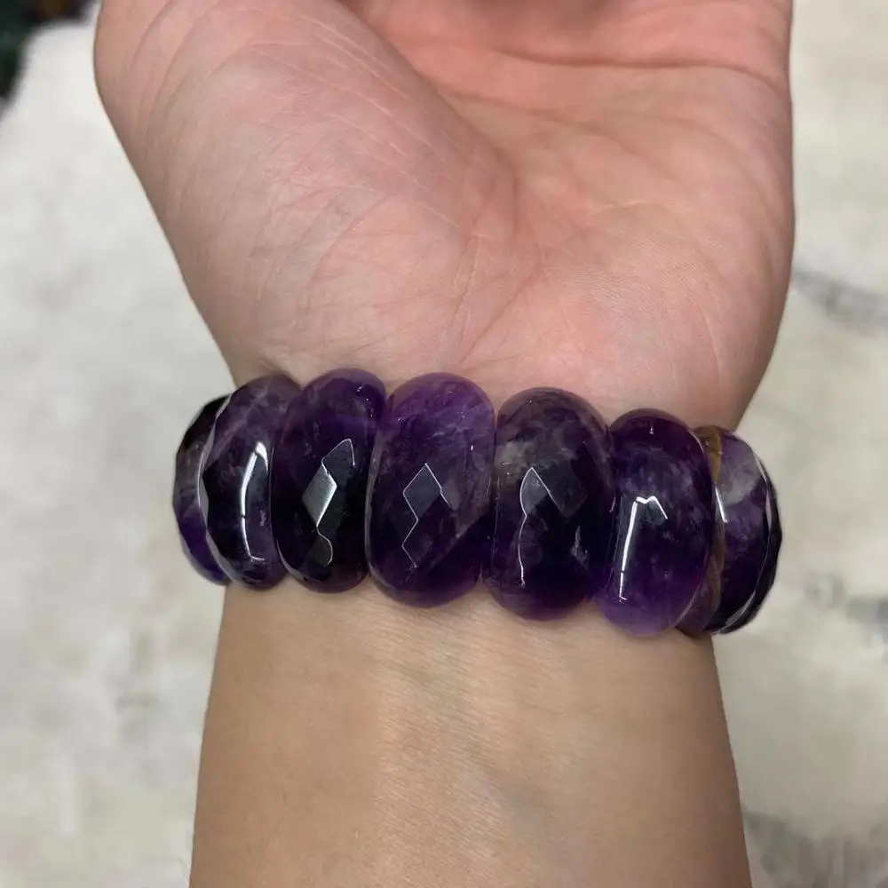 Natural Amethyst Stone Beads Bracelet Energy Stone Bangle Gemstone Jewelry For Woman Birthstone For Aquarius For Gift