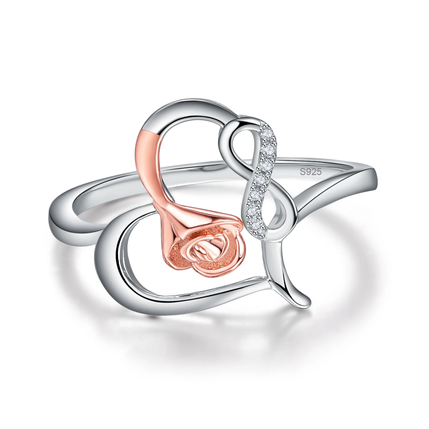 

BONLAVIE Heart-shaped Hollow Pendant Inlaid with Rose Gold and Infinite Symbol 925 Sterling Silver Ring Women Jewelry