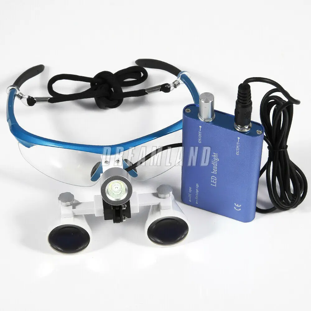 Dental Binocular Loupes 3.5X 420mm Optical Glass Loupes + LED Head Light Blue Color