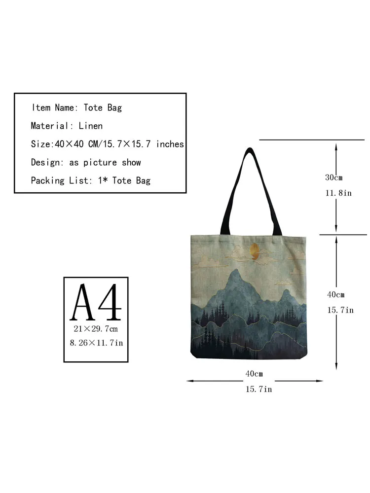 Simple Size Personality  Japanese Style Tote Bags for Women Chinese Ink Painting Linen Handbag Printed Open Pocket Shoulder Bag