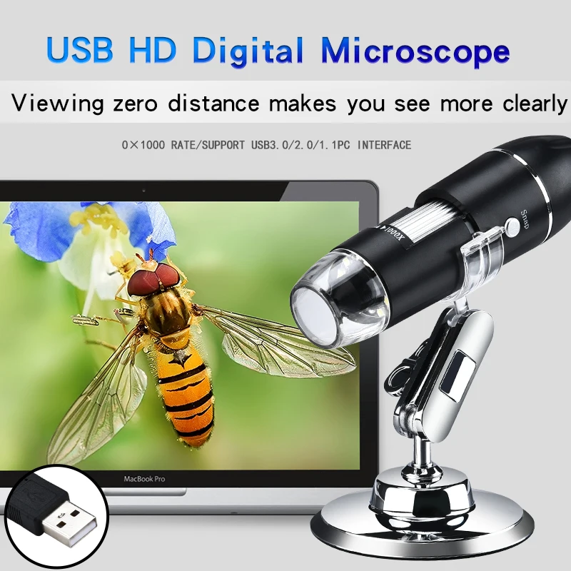 1000X HD Digital USB Microscope Handheld Portable Digital Microscope USB Interface Electron Microscopes with 8 LEDs with Bracket