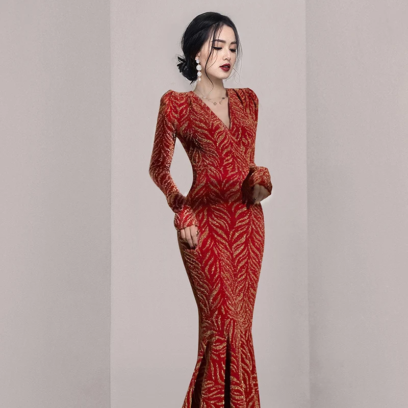 Vintage Bright Silk Gold Thread Jacquard Dress New Autumn Luxury High-End Elegant Women V-Neck Mid-Length Mermaid Dresses