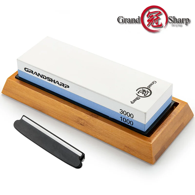 Grandsharp Premium Whetstone Knife Sharpening Stone 2 Side Grit 1000/3000 Water Stone Bamboo Base Angle Guide Holder Included