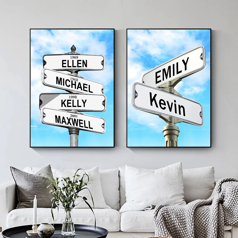 Custom Canvas Painting Intersection Street Sign 6 Names Anniversary Wall Art Personalized Father's Day Gift Family Street Sign