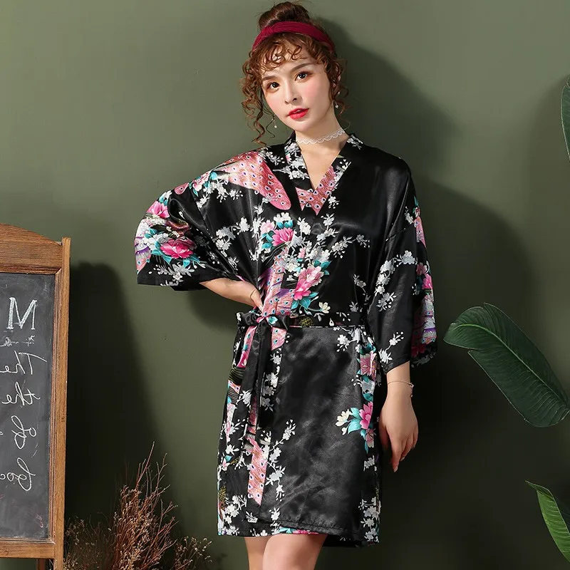 Chinese Red Women Bathrobe Sexy Loose Wedding Robe Casual Lounge Sleepwear Kimono Gown Print Peacock V-neck Mini Home Clothing