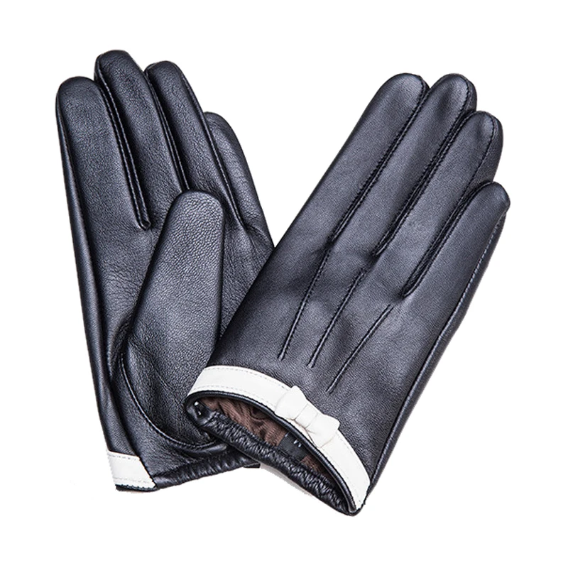 YY8756 Fall/Winter Genuine Leather Gloves Women Ladies Classic Black and White Bow Driving Mittens Touch Screen Short Thin Luvas