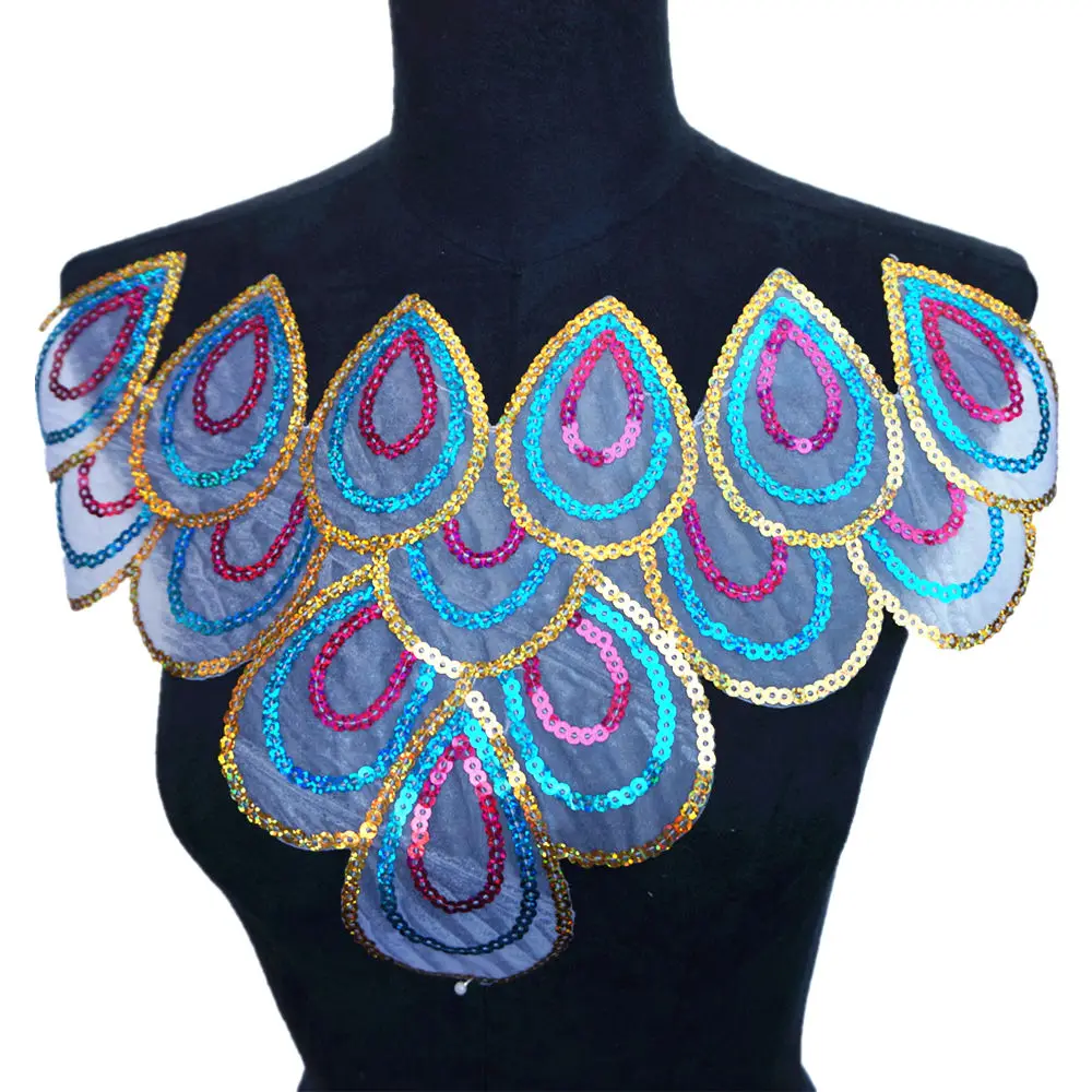 Gold Pink Blue Sequin Peacock Feather Fabric Collar Embroidered Appliques Iron Sew On Patches For Wedding Decoration Dress DIY