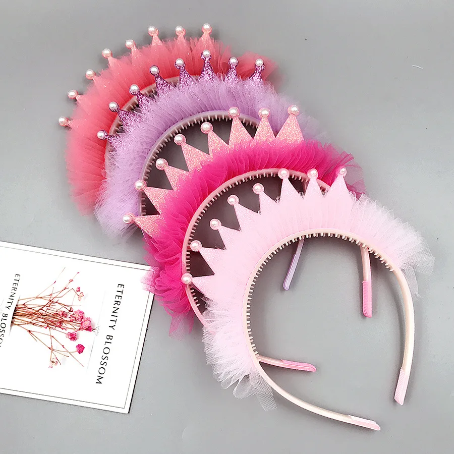 Princess Lace Crown Hair Bands For Baby Girls Sweet Pearls 3D Headband Birthday Party Hair Hoops Hairbands Kids Hair Accessories