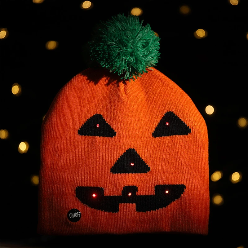 

2019 Xmas Halloween Glowing knit hat Human skeleton Ghost Coloured lights cap DIY Halloween Children's adult hat party supplies