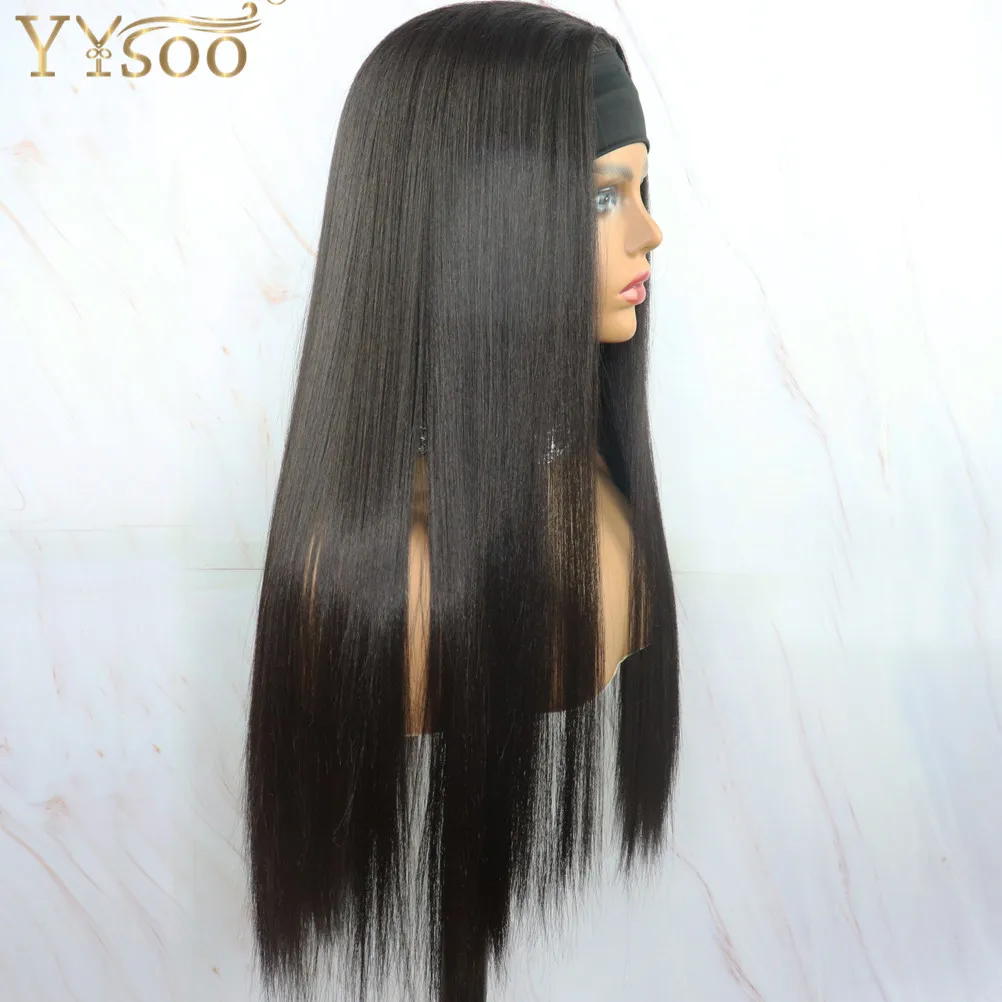 YYsoo Long Black Futura Synthetic Hair Headband Wigs For Women Silky Straight Turban Wig With Headwrap Soft And Smooth Black Wig