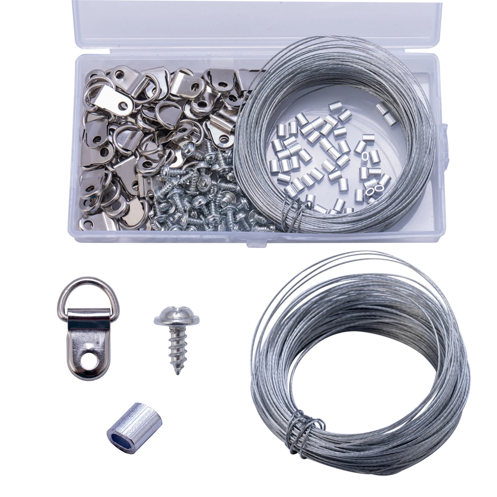 131pcs/set Picture Hanging Kit, Including Hanging Wire (98.4 Ft) 40pcs D-Ring Picture Hangers 40pcs Screws ,50pcs Sleeves Stops