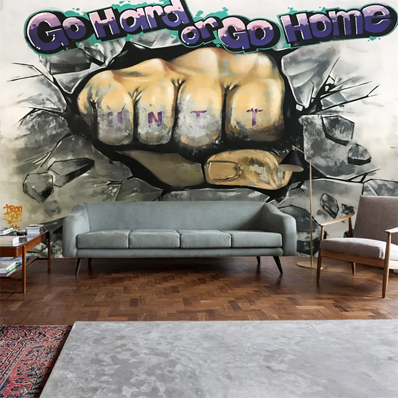 

wellyu Customized 3d mural three-dimensional fist out of the wall wallpaper hand-painted gym mural living room background wall