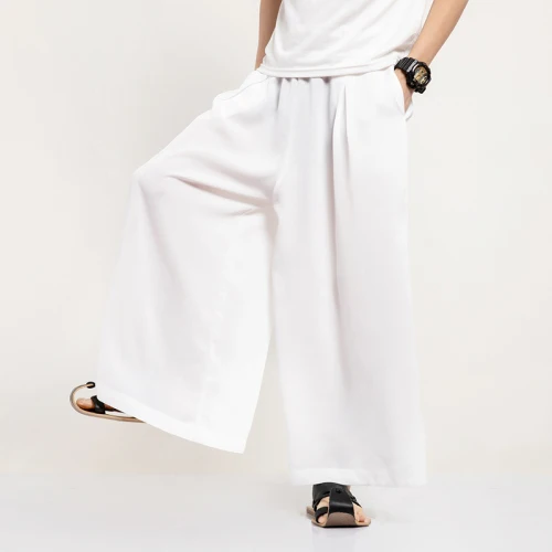 2023 männer Sommer Dünne Breite Bein Hosen Männer Weiß Harajuku Streetwear Harem Hosen Männlichen Chinesischen Stil HanFu Kongfu Rock Hosen