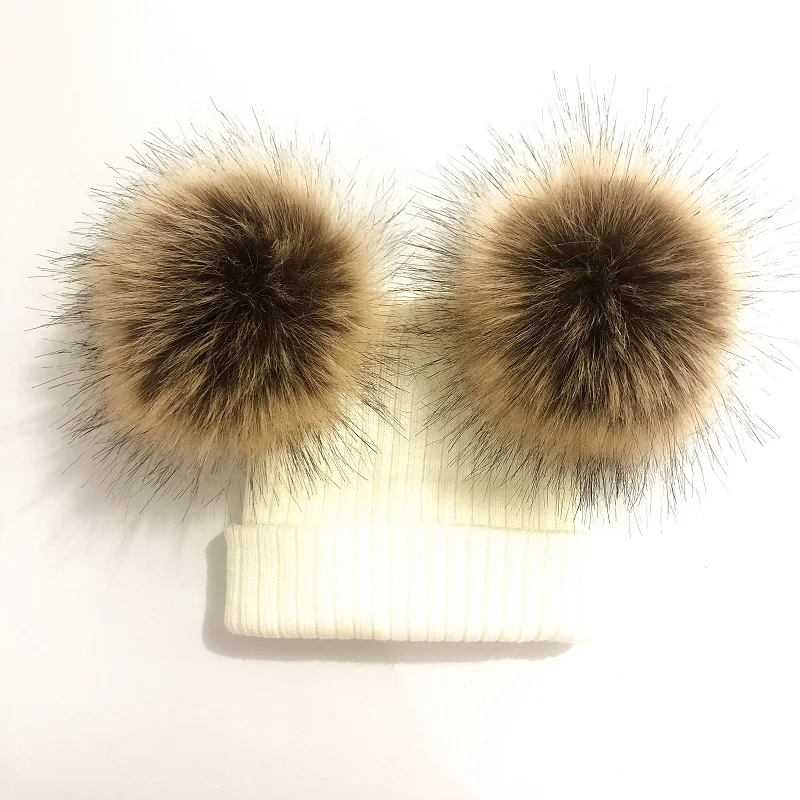 Crianças malha de pele do falso duplo pompom chapéu tampas de inverno para bebê menina criança crianças gorro