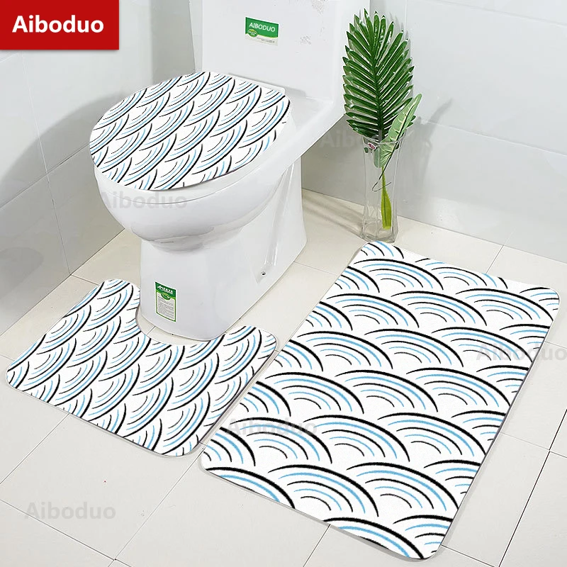 

Aiboduo 3pcs/set NonSlip Ukiyo-e Giant Waves White Home Decoration Bathroom Pad Toilet Lid Cover Set BathMat Rug Bathroom Carpet