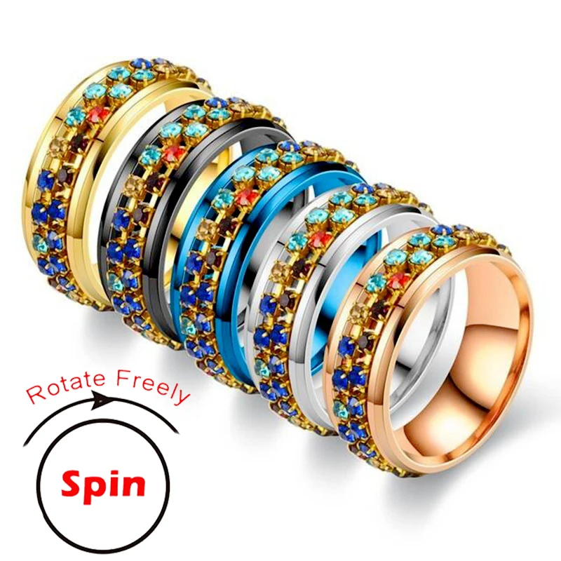 Multi Color Crystals Diamonds Rotatable Rings Stainless Steel Anti-Anxiety Fidget Bands Spinning Women Jewelry  Кольцо 