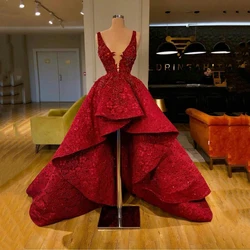 High Low Red Prom Dresses Ruffle Train Lace Sequined Deep V Neck Celebrity Dress robes de mariée Beads Luxury Evening Gowns