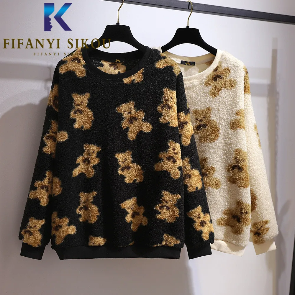 

Autumn Winter Women Hoodies Thick Warm Lambswool Sweatshirt Fashion Cartoon Print Pullover Female Loose O-Neck Plush Coat