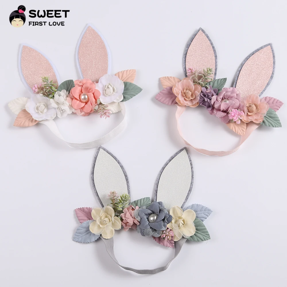 Baby Wide Bunny Ear Floral Headbands Photography Prop Lacehair Bows Bands For Infant Toddler  Hairbands Hair Accessories