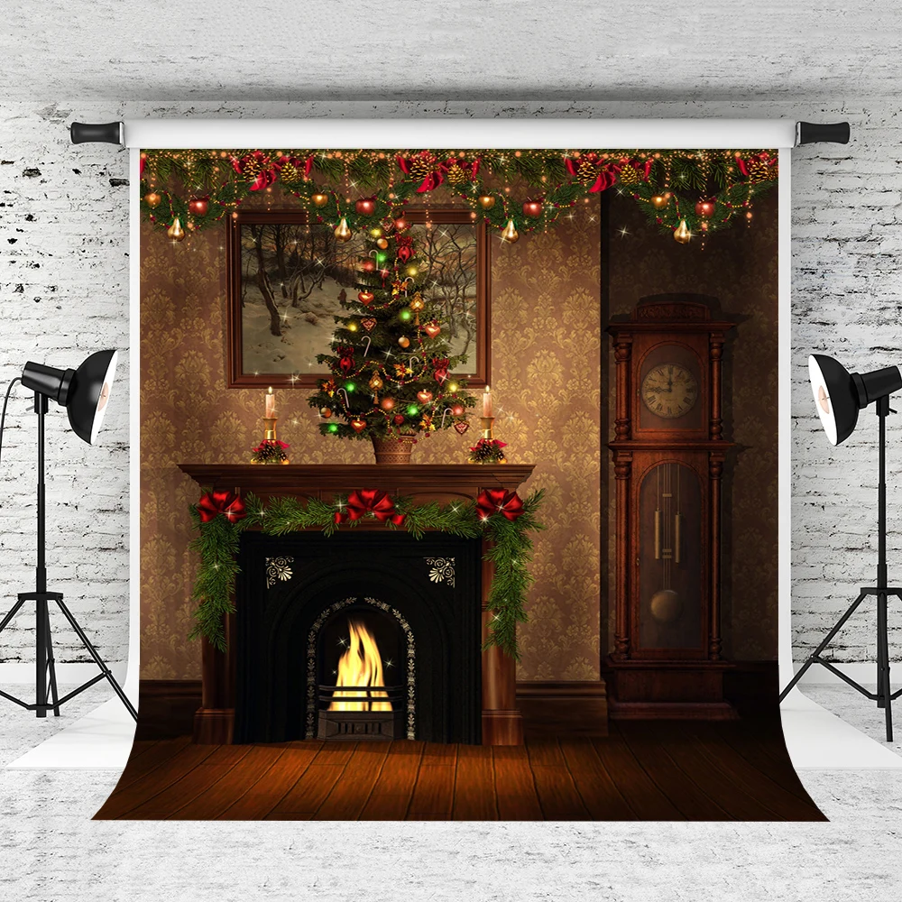 

VinylBD 8x8ft Christmas Photography Backdrop Fireplace Indoor Warmth Backgrounds For Photo Studio Christmas Tree Photo Backdrop