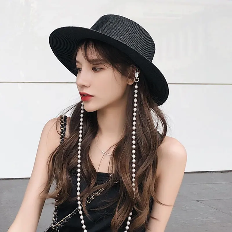 New Summer Hepburn Style Pearl Chain Vintage Concave Top Design Straw Hat For Women Girls Beach Holiday Sun Caps Fashion Fedora