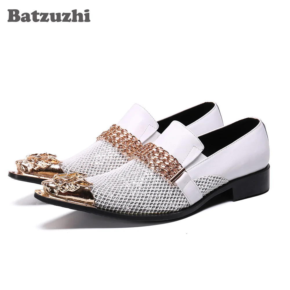 Batzuzhi Men Dress Shoes Italian Type Formal Genuine Leather Shoes Men Pointed Toe White Blink Wedding Shoes, Big Sizes 38-46