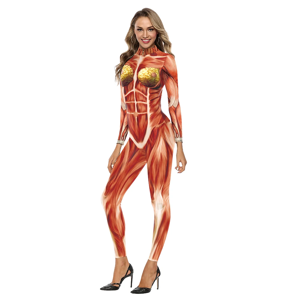 FCCEXIO Cosplay Purim Carnival Bodysuits 3D Printing Long Sleeve Women Clothing Sexy Skinny Elastic Jumpsuit Muscle Outfit