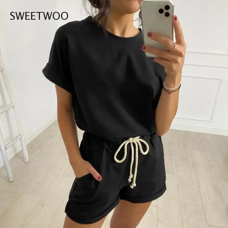 

Casual Solid New Women's Two Piece Suit 2021 Summer Elastic Waist Solid Color Leisure Pajamas Set Women O-Neck 2 Piece Set