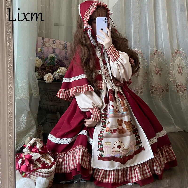 

Gothic Lolita Dress Victorian Little Red Riding Hood Cosplay Christmas New Year Red Cape Girl Op Long Sleeve Dress Fairy Tales