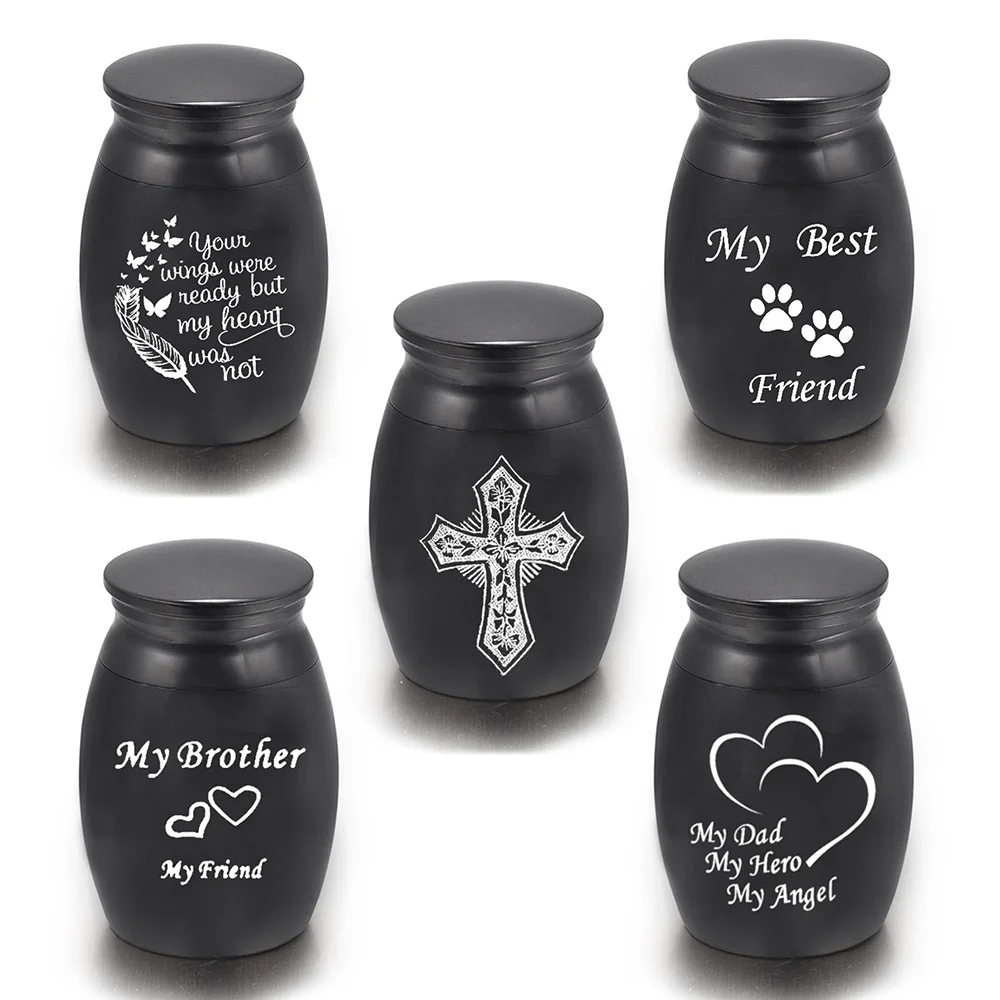 Urna de cremación funeraria negra grabada, patrón personalizado hecho en Metal de aleación para cenizas humanas para conmemoración de mascotas, lugar adecuado para el hogar