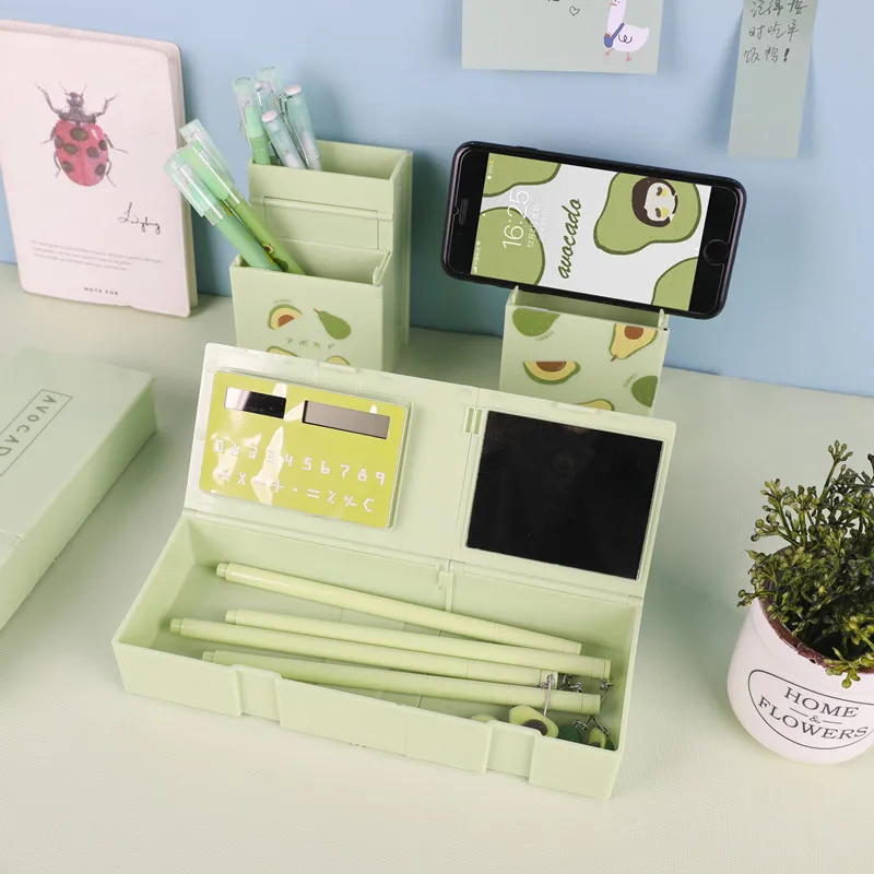 มัลติฟังก์ชั่พับกล่องปากกาวัยรุ่นน่ารักยืนดินสอเครื่องคิดเลข Kawaii ผู้ถือปากกาเครื่องเขียนโรงเรียน