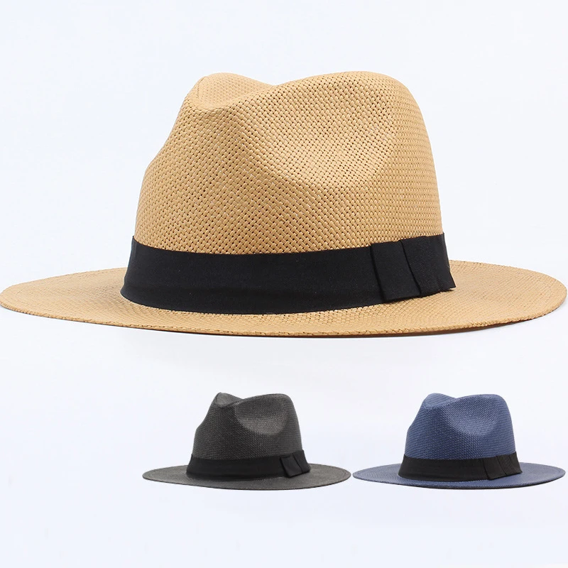 HT3090 New Summer Beach Hat Men Women Black Band Straw Hat Flat Brim Fedoras Panama Hat Male Female Wide Brim Sun Hat Beach Cap