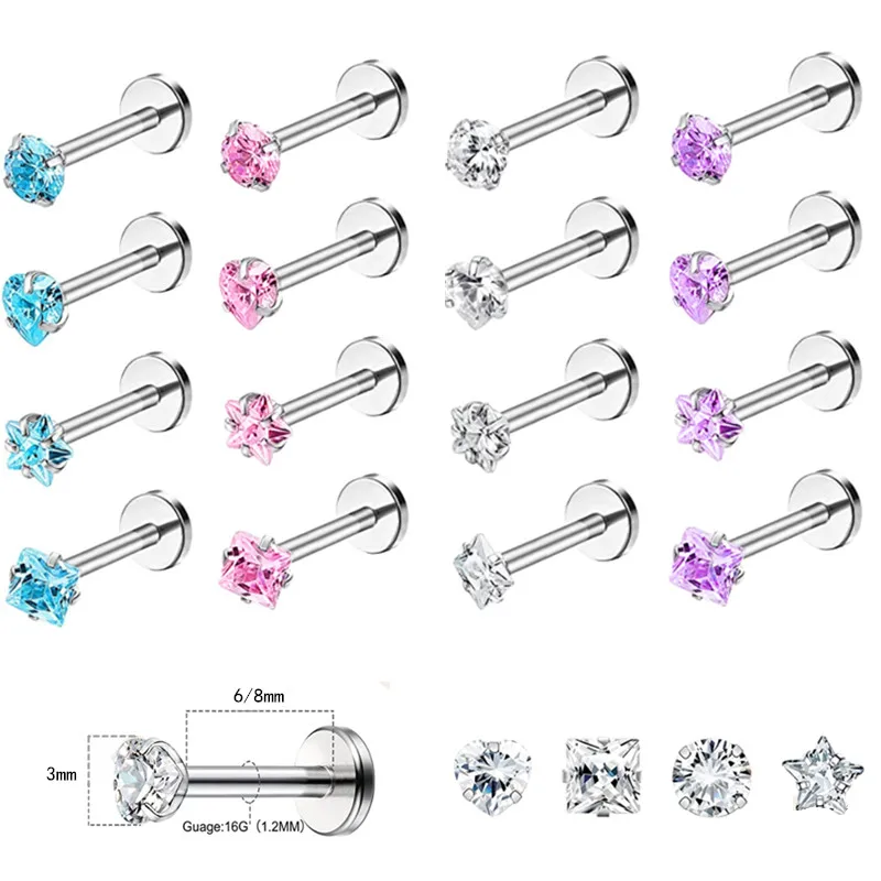 4PCS Heart Crystal Tragus Piercing Earring Set Flat Labret Piercing Set Lip Ring Lot Conch Cartilage Stud Helix Lobe Earring Set