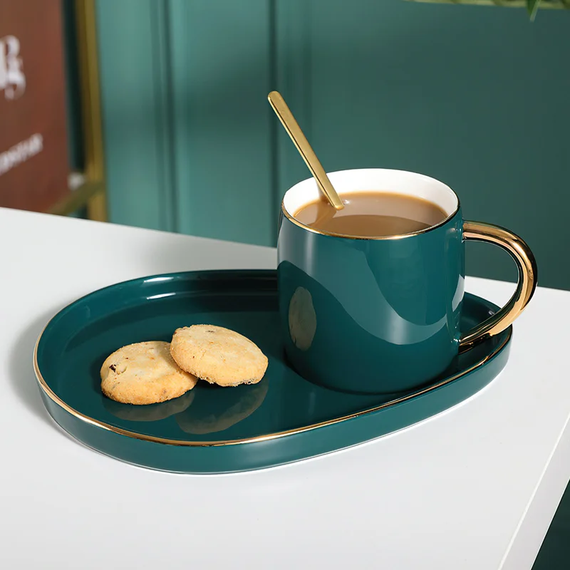 Ceramic Cup Dish Set Nordic Green Water Ware Coffee Cup Rectangular Tray Small Spoon Gift Box Home Bar Decoration Tea Cup