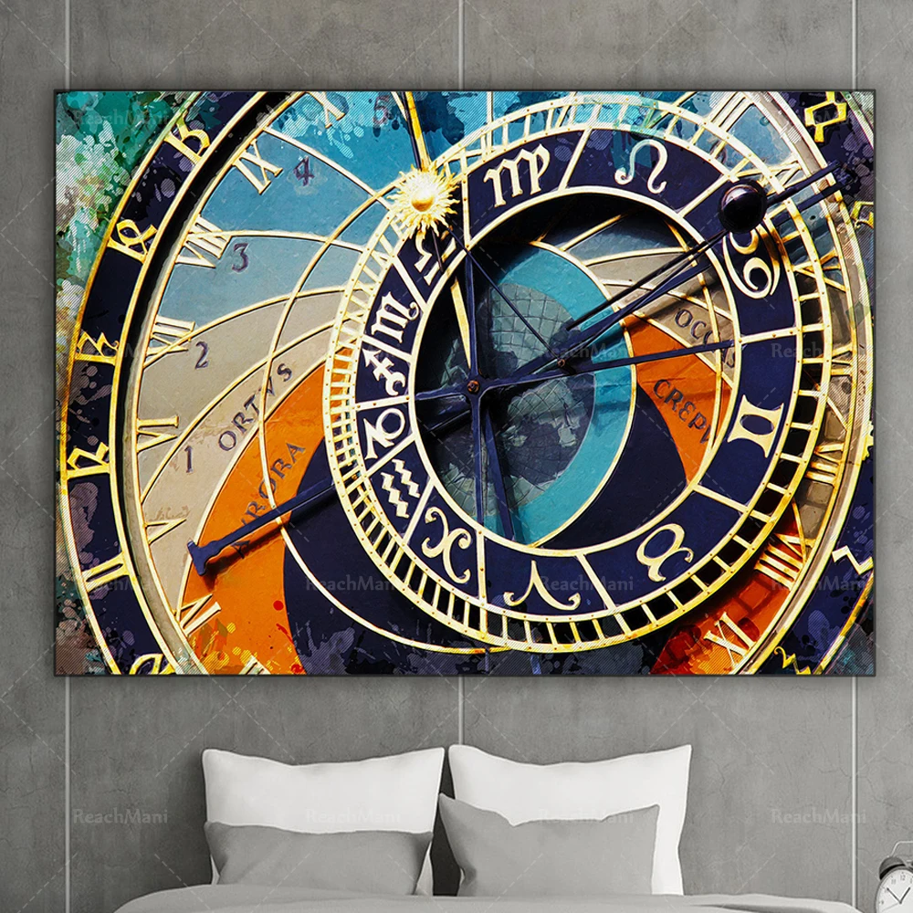 Prague Astronomical Clock abstract canvas print, Prague clock painting, Prague wall art decoration poster